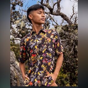 Laulima Aloha Short-Sleeve Button-Down Shirt Honeycreeper Bird Print XXL